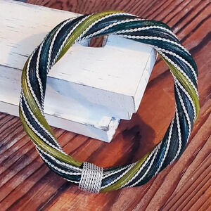 Handcrafted Twisted Rattan Wicker Olive Dark Green Silver Metal Bangle Bracelet